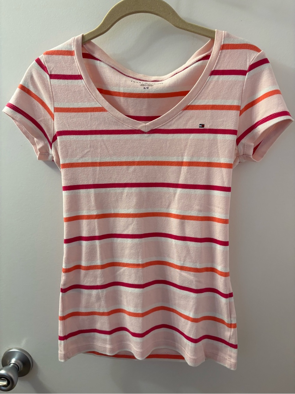 Tommy Hilfiger Pink Striped V-Neck Tee Small EUC